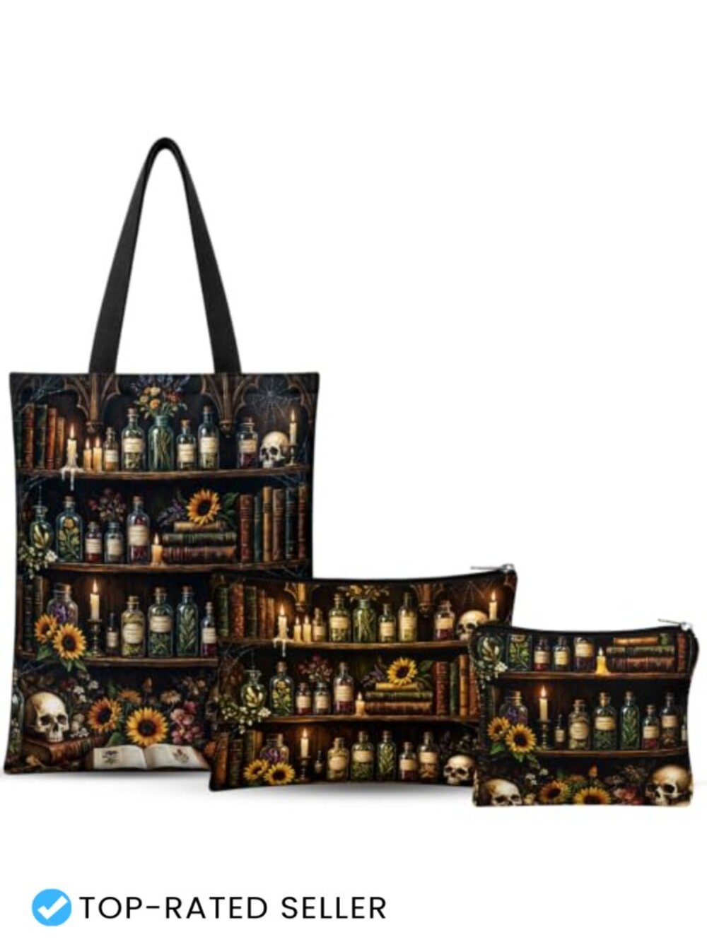 3-Piece Gothic Canvas Tote Makeup Bag Set with Skull Design